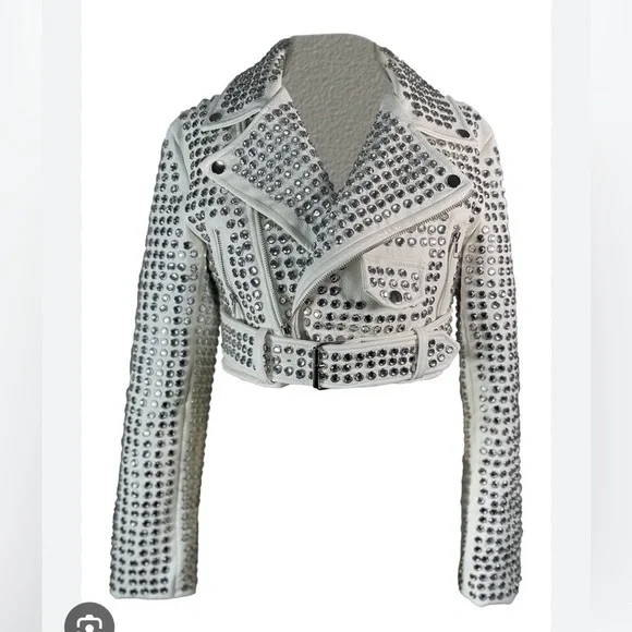 Seta Bianca Jacket- Studded White Cropped Moto Jacket - Women - Picture 3 of 5